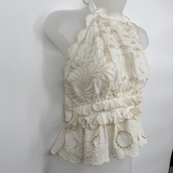 Sea New York Sz L Blaire Eyelet Tie Halter Top Smocked Waist Scalloped Edges - Picture 3 of 7